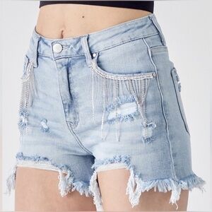 RISEN Rhinestone Chain Fringe Raw Hem Distressed Torn Cut-Off Denim Shorts L